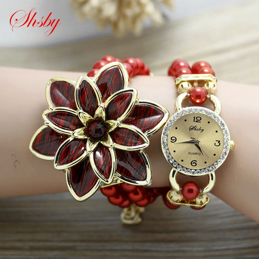 Женские наручные часы shsby модные стразы с жемчужным ремешком и цветком из