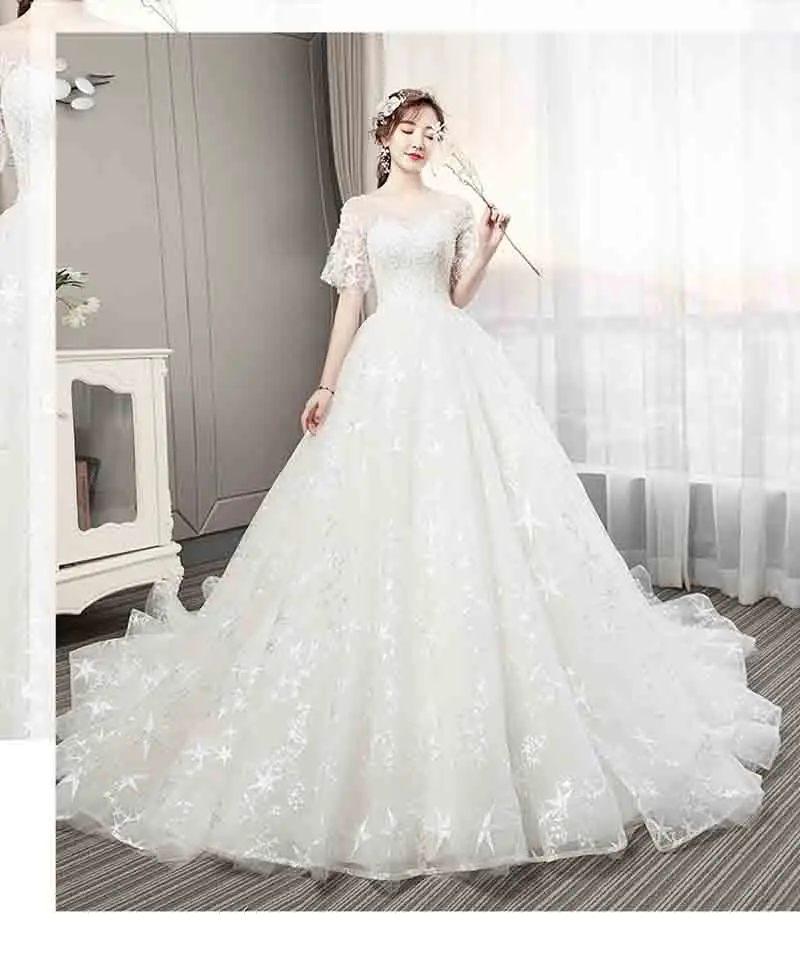 Large Size 6XL Deluxe White Bridal Wedding Trailing Dress Short-Sleeve Ball Gown Evening Party Dress For Lady Plus Size 5XL 3XL