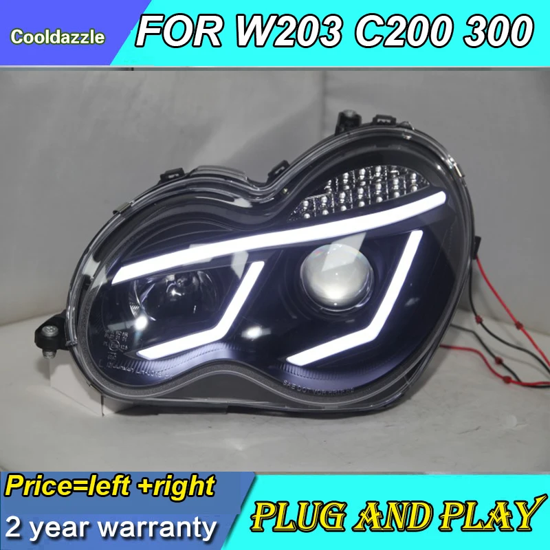 Для Mercedes-Benz 2000-2007 год W203 C63 C200 C230 C280 C300 светодиодный ангельские глазки светодиодный передний фонарь с DRL дневным светом