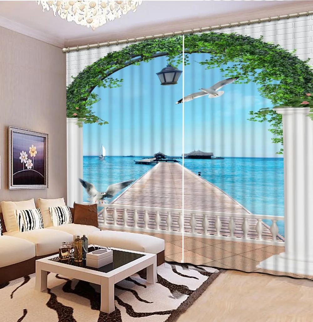 

Светонепроницаемые шторы с 3D фотопечатью для гостиной, ограждения, деревянный мост, море, деревянный дом, гостиница, светонепроницаемые што...