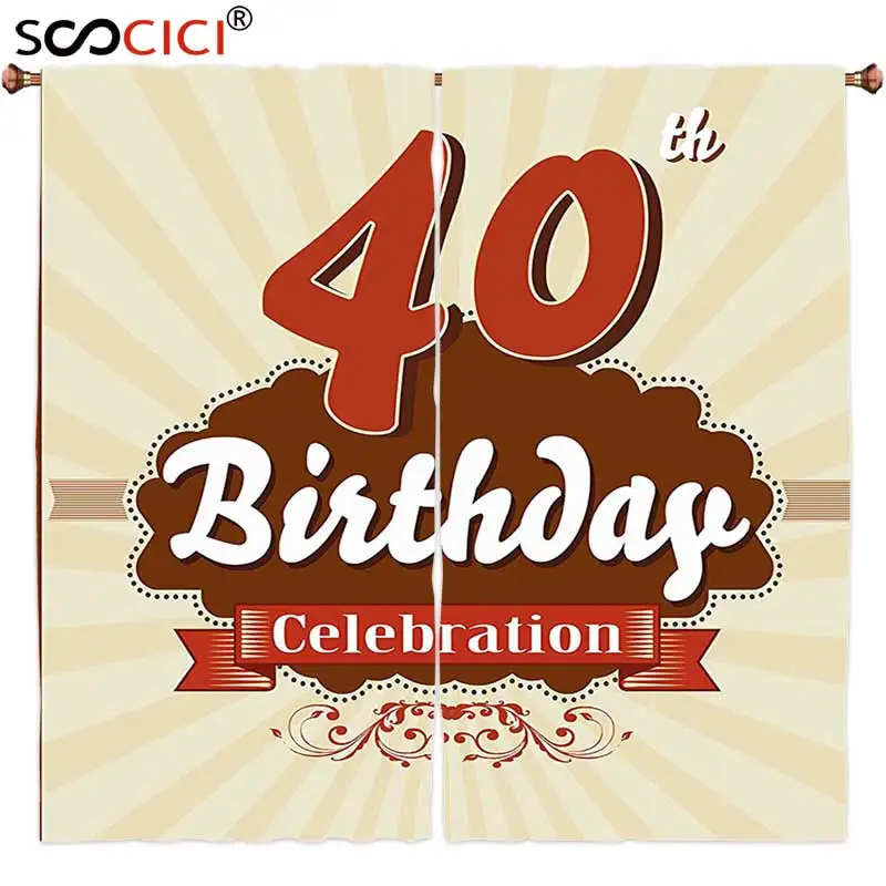 

Window Curtains Treatments 2 Panels,40th Birthday Decorations Vintage Old Fashion Style Celebration Banner and Dots Scarlet