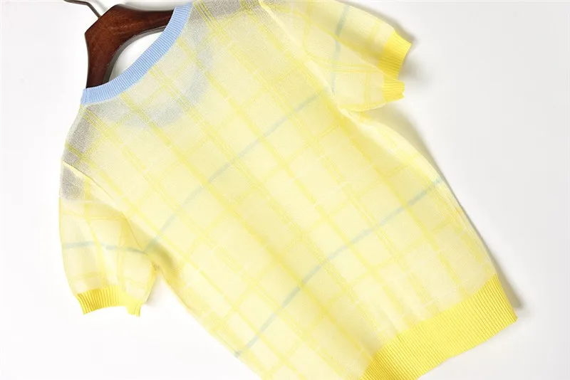 Новинка Лето 2018 тонкие прозрачные клетчатые милые футболки вязаные с коротким