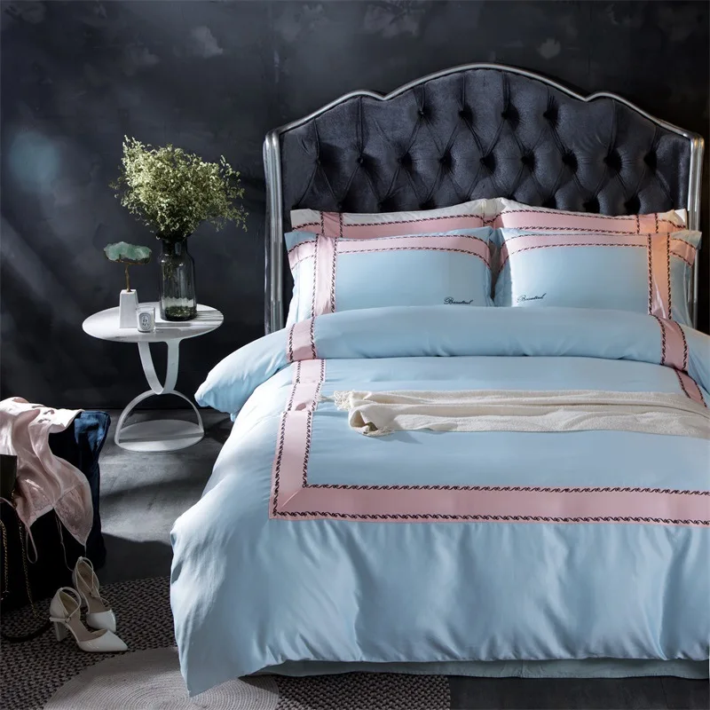New Tencel Silk Cotton Bedding Set 4pcs Brief Luxury Solid Color Patchwork Bed Linen Duvet Cover Flat Sheet Pillowcase |