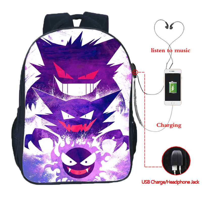 15 Pokemon GO USB зарядка школьная сумка Пикачу для мальчиков и девочек школьная сумка Eevee usb зарядка школьный рюкзак модный рюкзак с покемоном Gengar - Цвет: 15