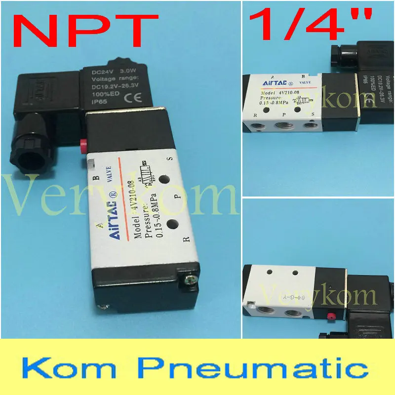 Оптовая продажа 200 шт./лот 1/4 &quotNPT 4V210 08 2pos 5 портов dc 12v 24v ac 110v 220v DC24V NPT рынок США и