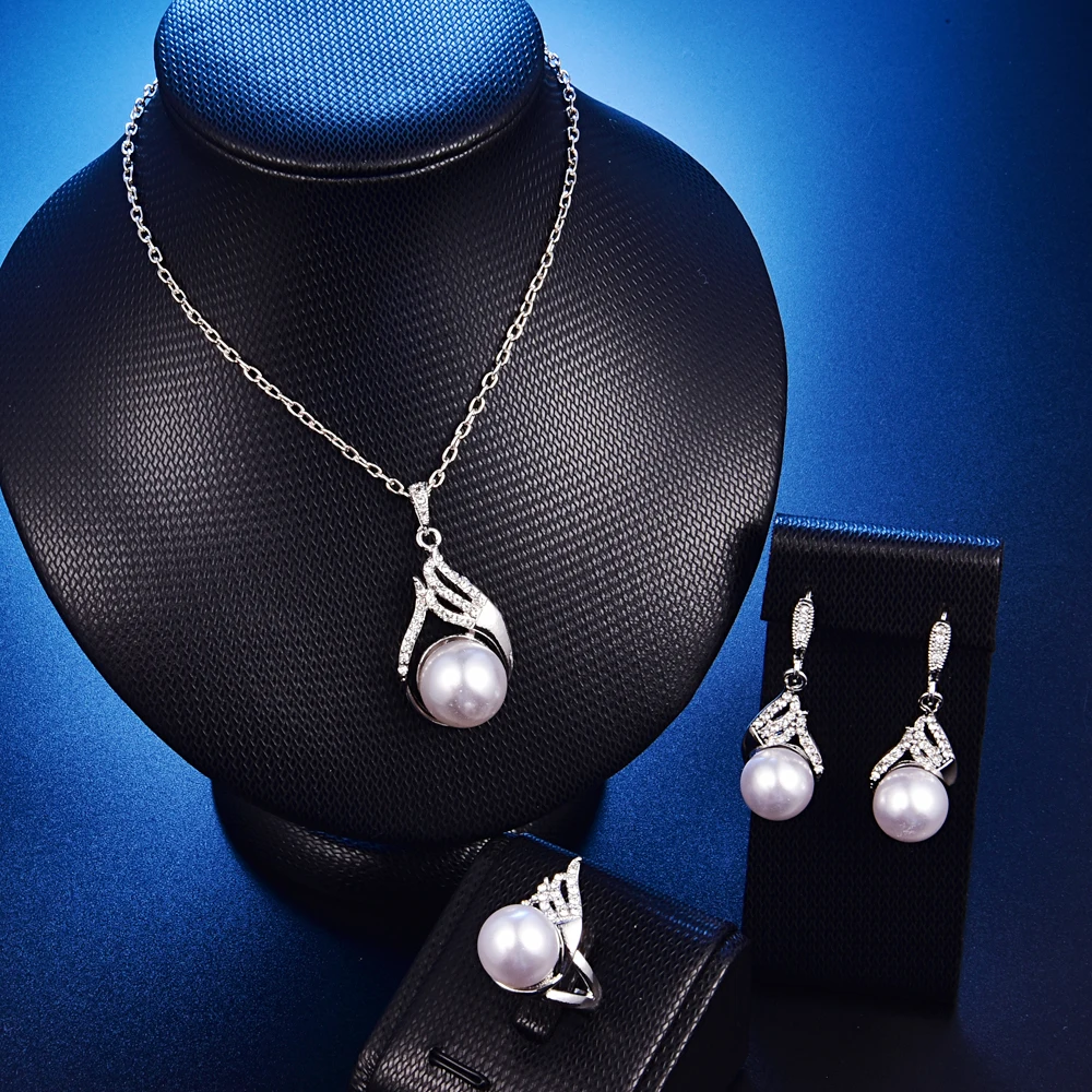 Fashion Bridal Pearl Jewelry Sets For Women Silver Color Full Rhinestone Crystal Water Drop Pendant Necklace Earrings Ring Set | Украшения