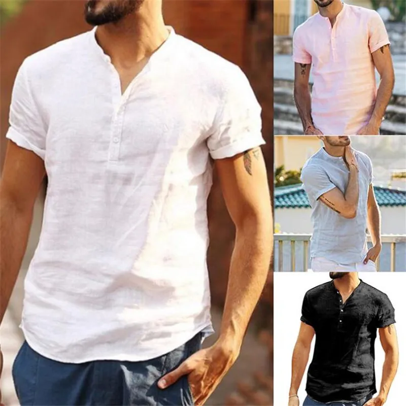

Рубашка мужская с коротким рукавом, хлопок и лен, Повседневная модная Сорочка свободного покроя, на пуговицах, с V-образным вырезом, белая, 3XL