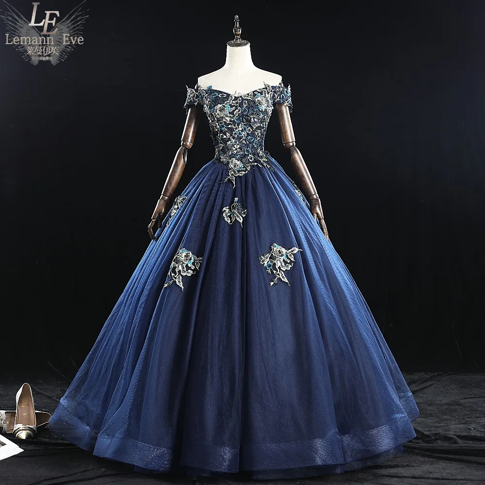 Темно синее платье для косплея принцессы рококо с вышивкой и цветочным бисером