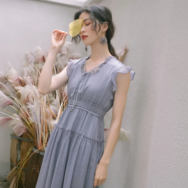 Женское винтажное платье с оборками и коротким рукавом однотонное шифоновое