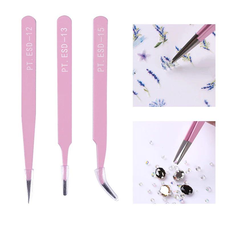 3 шт. розовый изогнутый Пинцет Набор прямой угол глава горный хрусталь 3D Стикеры