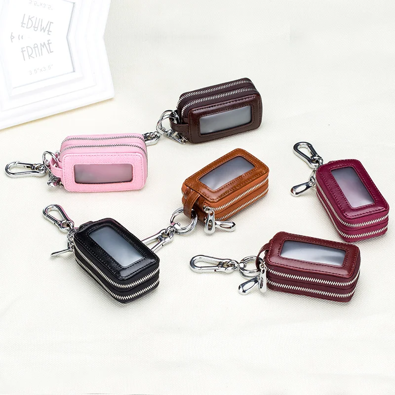 

Genuine Cow Leather Home Car Keys' Bag Double Pocket Zipper Mini Wallet Earth Yellow Men Women's Key Holder Transparent Pocket