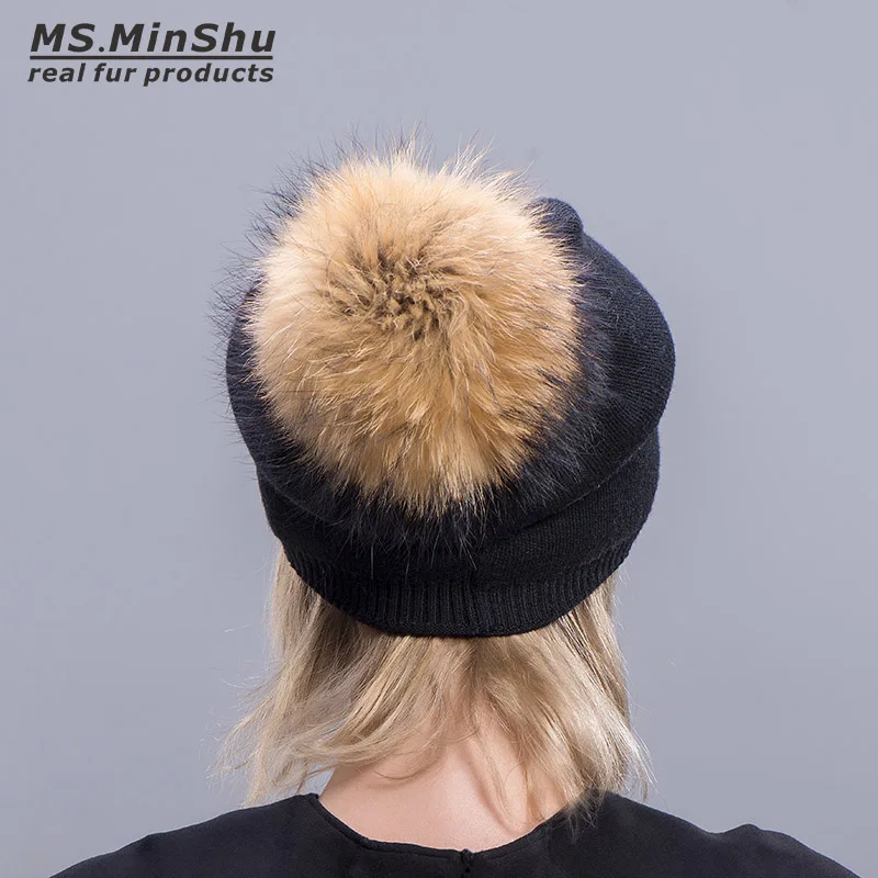 Ms. MinShu, кашемировые шапки для женщин, помпон, шапочки, меховая шапка, женские теплые шапки с натуральным мехом енота, помпон, шапка для взрослых