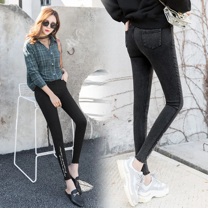 

Plus Size Warm Winter Fleece Leggings Women Black High Waist Thick Velvet Letter Skinny Pencil Pants Woman Fake Jeans Tassel