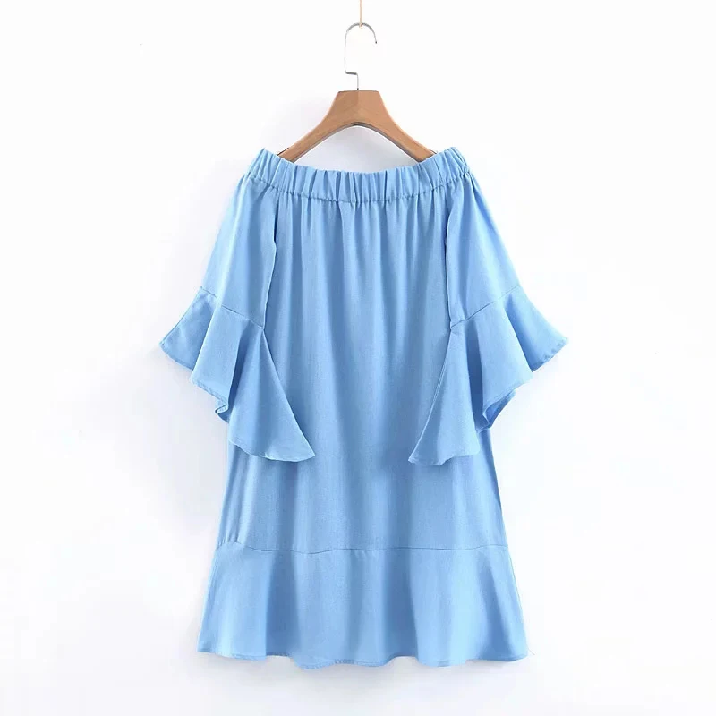 Женское повседневное голубое мини платье Za хлопковое льняное с вырезом лодочкой