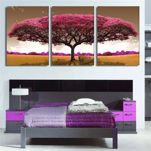 

3 Piece Art Oil Canvas Romantic Wall Art Tree Picture Canvas Painting Pink Tree Painting Large Wall Pictures For Living Room -33