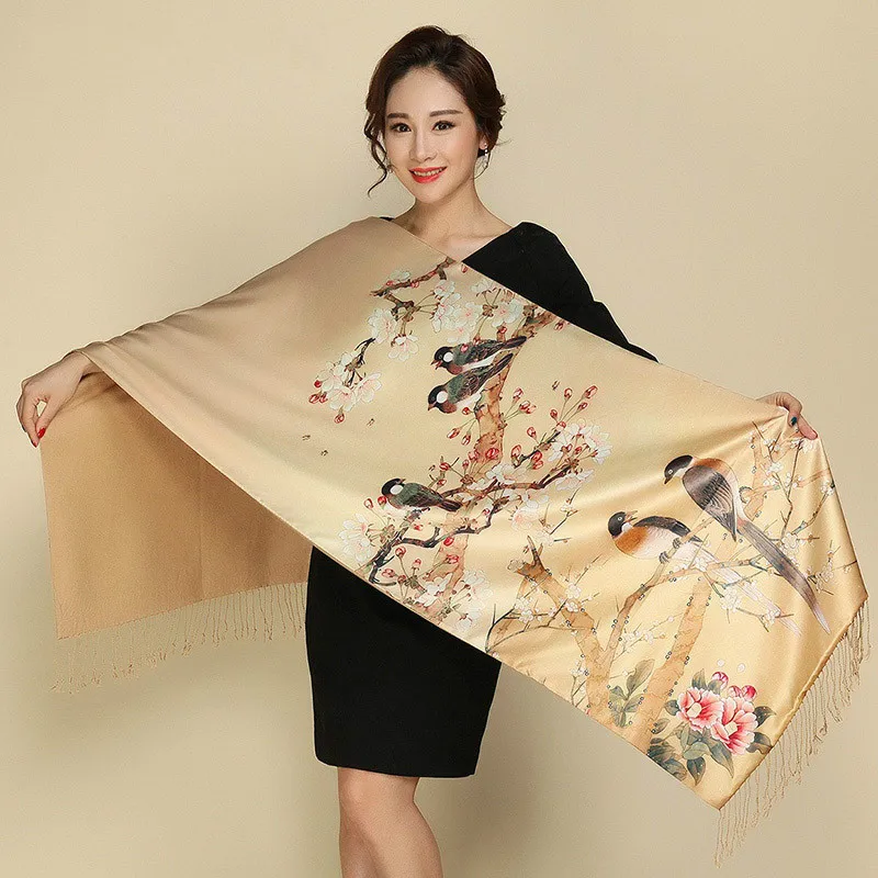 

New Fashion Luxury flower Winter Warm Pashmina For Women Flower Scarves Silk Cashmere National Long Tippet Print Shaw and Wraps