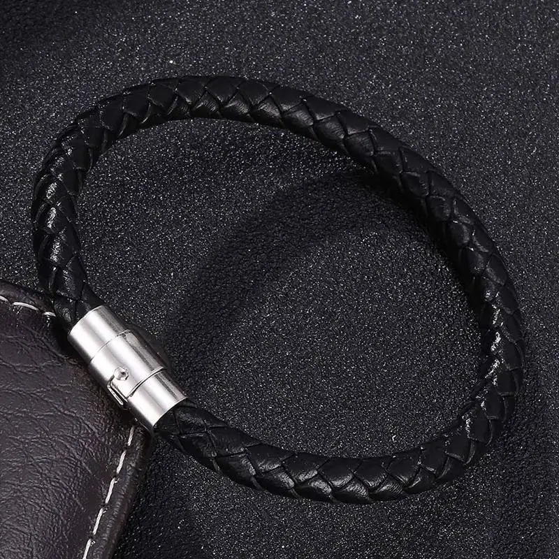 Мужской черный плетеный кожаный браслет в стиле панк с магнитной пряжкой из