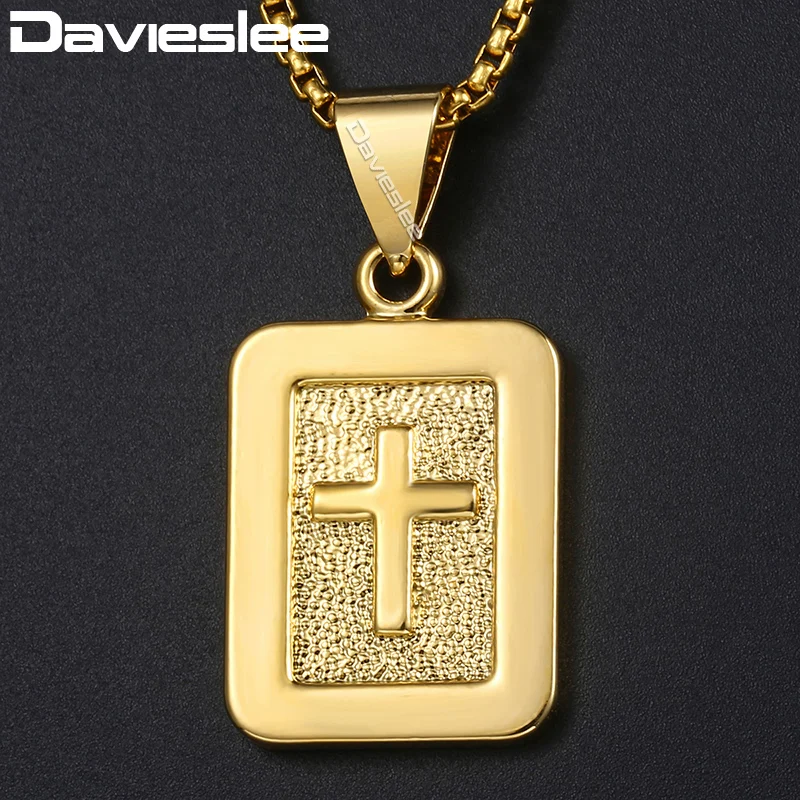 Davieslee Для мужчин s крест кулон ожерелья Dog Tag Кристиан резные религиозных золотые