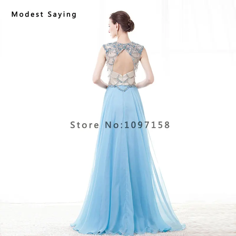 Женское прозрачное вечернее платье роскошное синее трапеция с круглым вырезом и