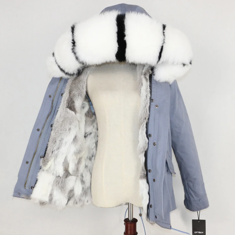 grey white stripe OFTBUY, зимняя женская куртка, пальто с натуральным мехом, парка с воротником из натурального меха енота, Толстая теплая подкладка из кроличьего меха, уличная одежда, новинка - Цвет: grey white stripe