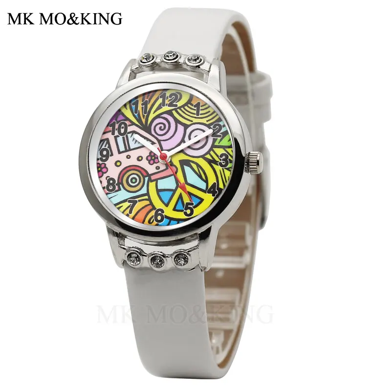 Модные детские часы с рисунками из мультфильмов кварцевые кристаллами кожи для