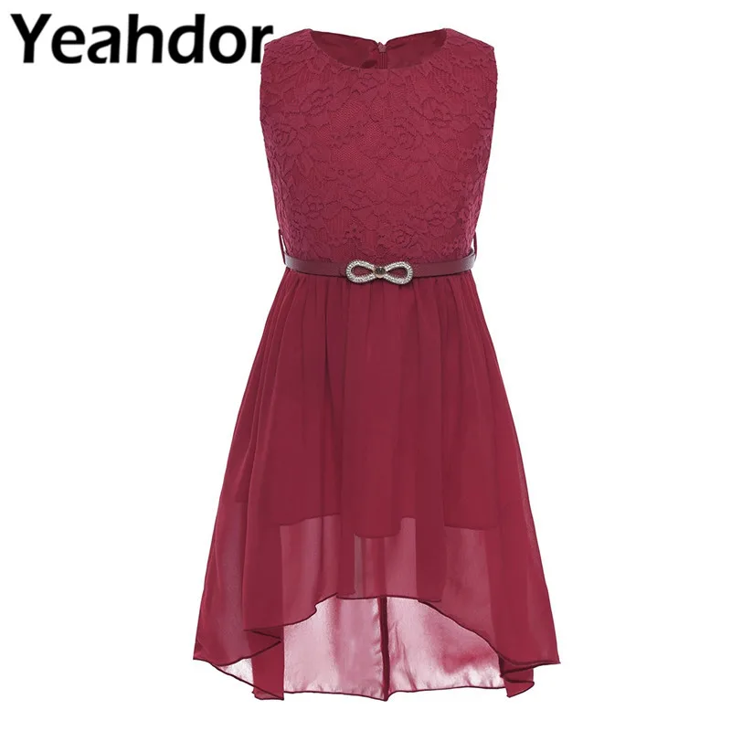

Flower Girl Dress Tea Length Girls Chiffon Lace Floral Summer Dress Kids Vestidos Birthday Party Dress Princess Dress with Belt