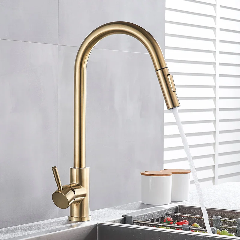 Brushed Gold A Матовый золотой кухонный кран смеситель для горячей и холодной воды кран для кухни выдвижной смеситель кран 2 функции Носик латунный Смеситель для воды - Цвет: Brushed Gold A