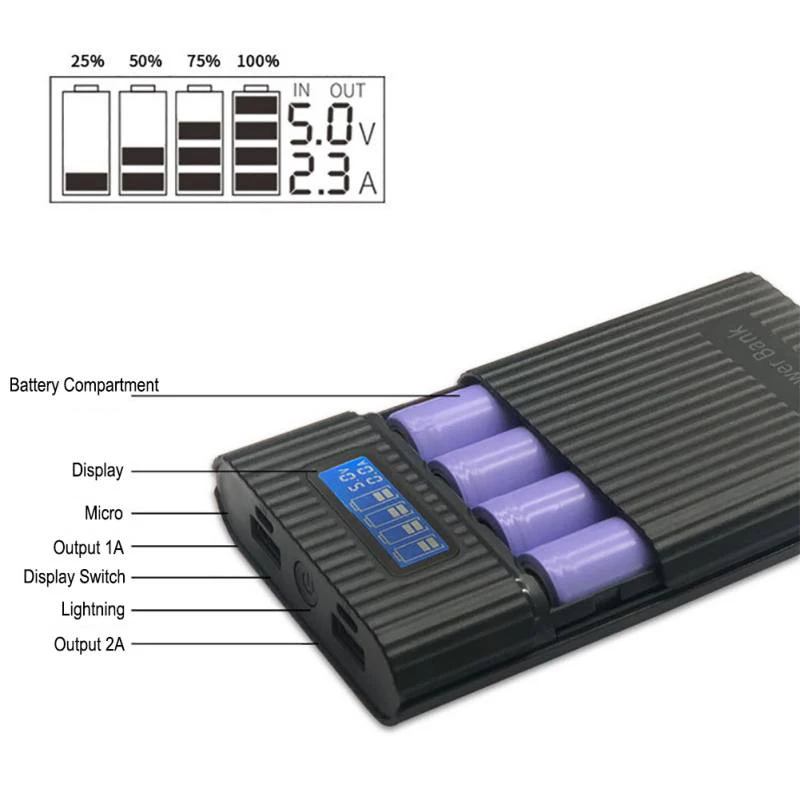 

4x18650 DIY Battery Bank Portable Battery Shell Box Case DIY KIT Digital LCD Display Powerbank Portable Battery Shell Box Case