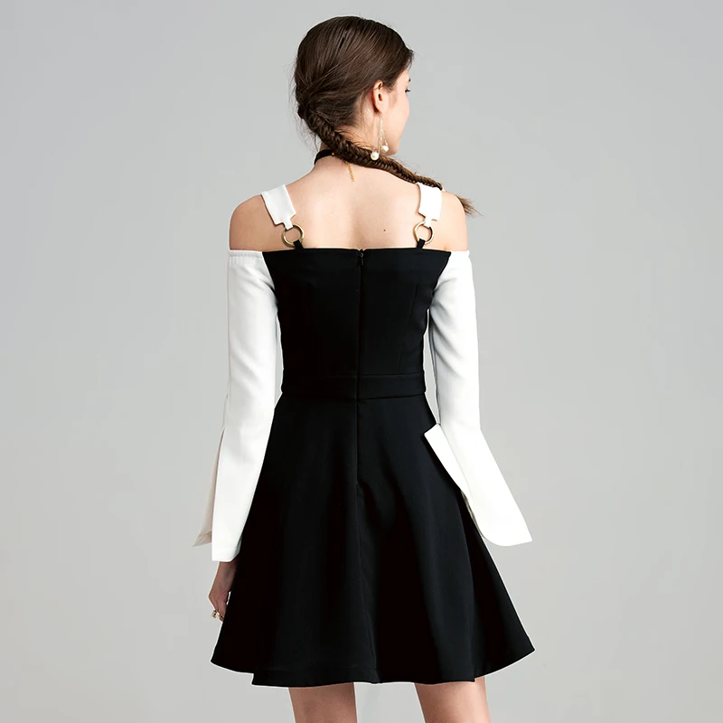 Женское платье на бретельках YIGELILA черное белое с открытыми плечами и рукавами