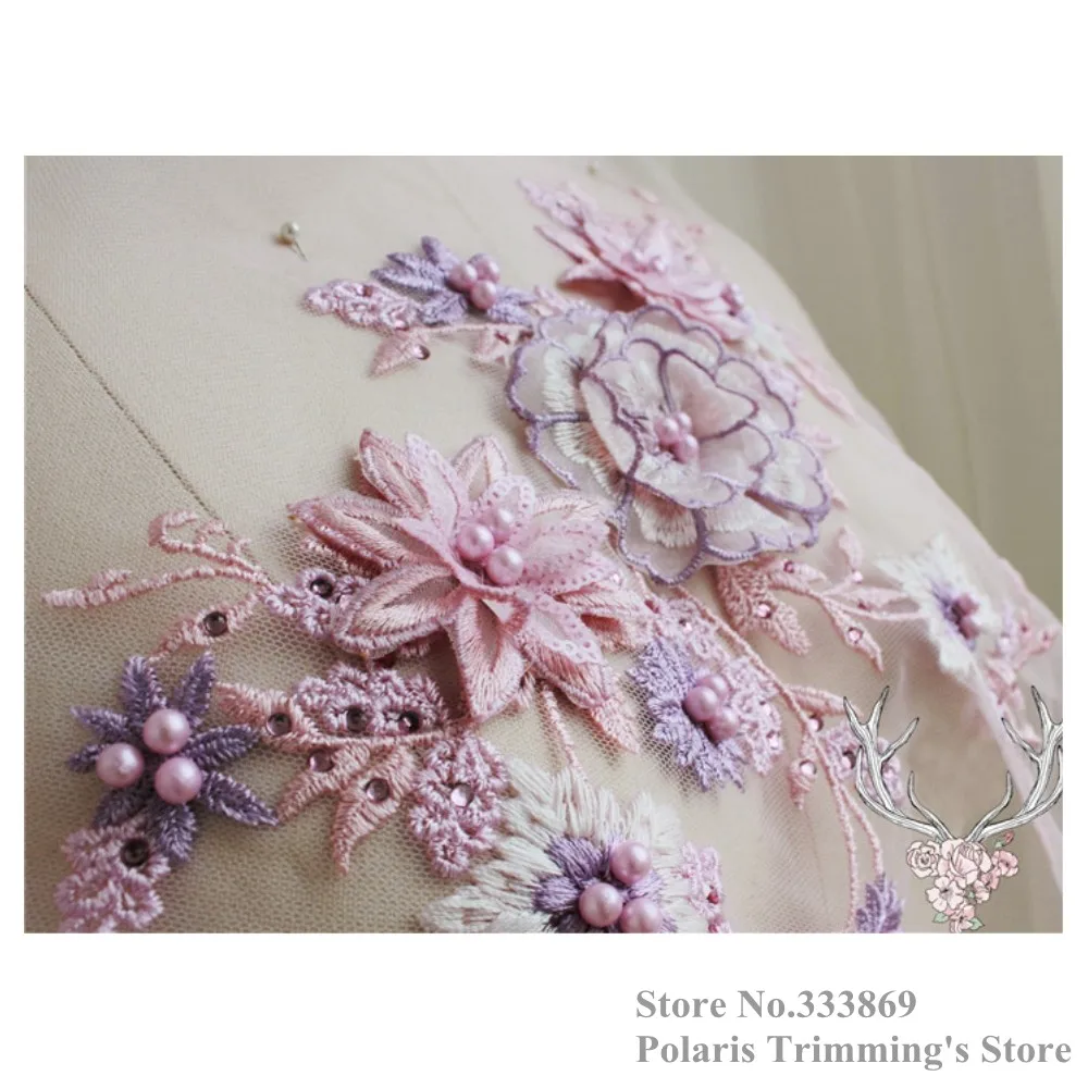 Handmade Pink Purple Beaded Pearled Rhinestoned 3D Flower Embroidery Organza Lace Applique Collar Patches Neckline 3pcs/lot M25C | Дом и сад