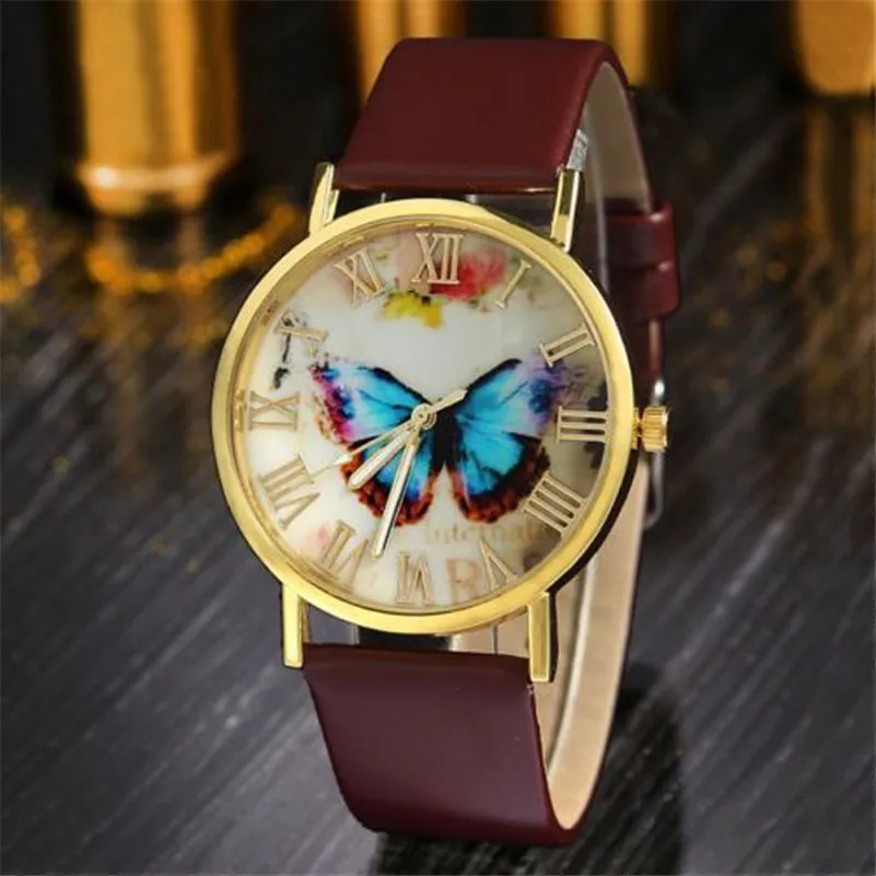 

Womens Fashion Butterfly Style Leather Band Analog Quartz Wrist Watch Grind Clock dial Clock Wristwatch Relogio Masculino A40
