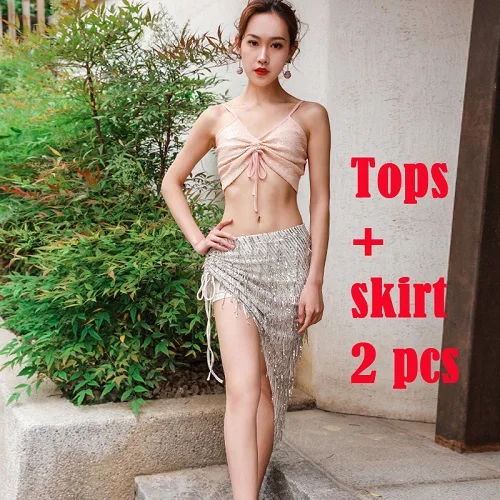 2 pieces set Женские костюмы для танца живота, сексуальный комплект из 2 предметов(топ+ юбка), одежда для Танцовщица, расшитая блестками,, DWY1835 - Цвет: 2 pieces set