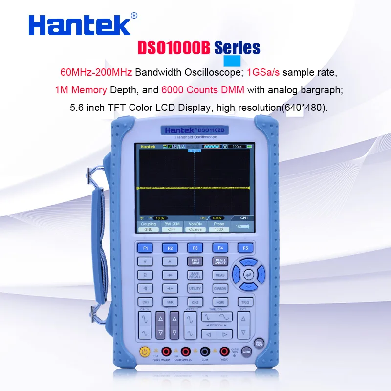 

Hantek handheld digital oscilloscope 60-200MHz Bandwidth PC oscilloscope 6000 Counts DMM with analog bargraph 5.6 inch TFT Color