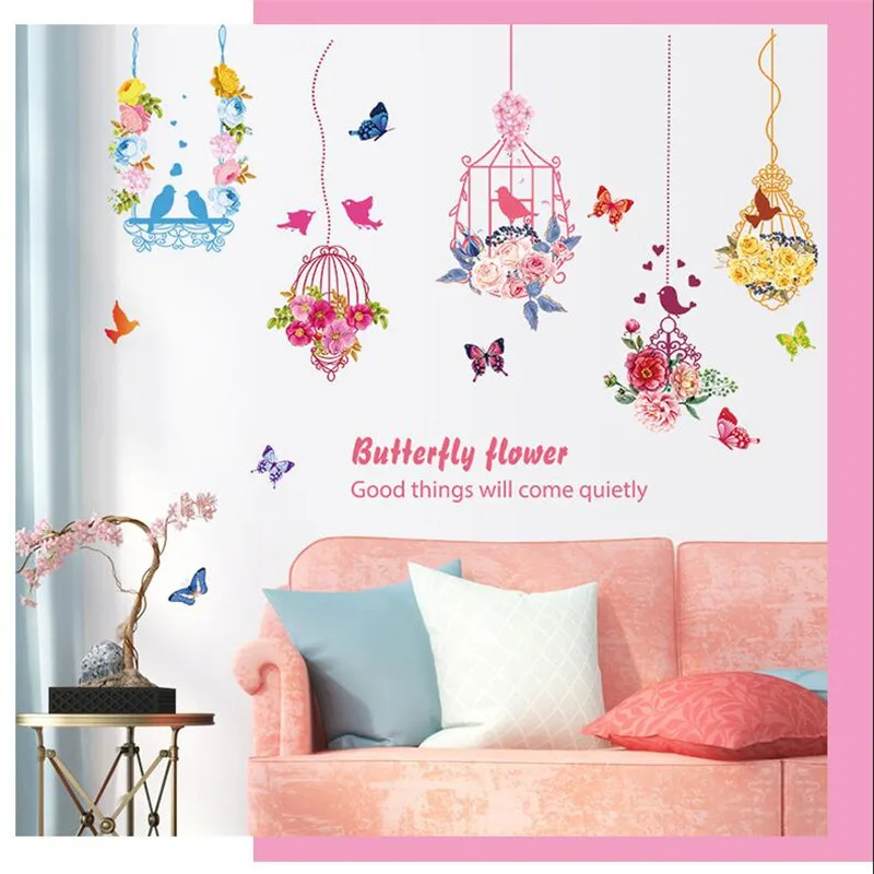 New 3d Butterfly Flying Flower Hanging Bird Cage Wall Sticker Living Room Bedroom Decorations Wallpaper Mural Removable Stickers | Дом и сад