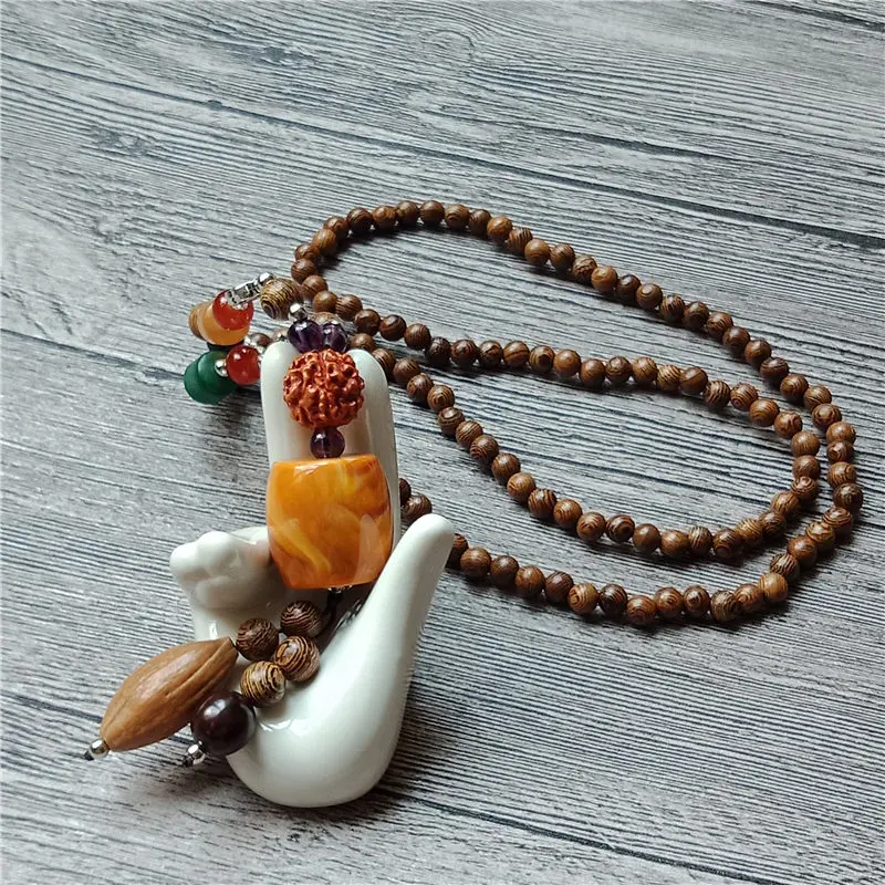 Nepal Buddhist Mala Wood Beads Necklace Imitation Stone Pendant Ethnic Horn Long Statement For Women Men | Украшения и аксессуары