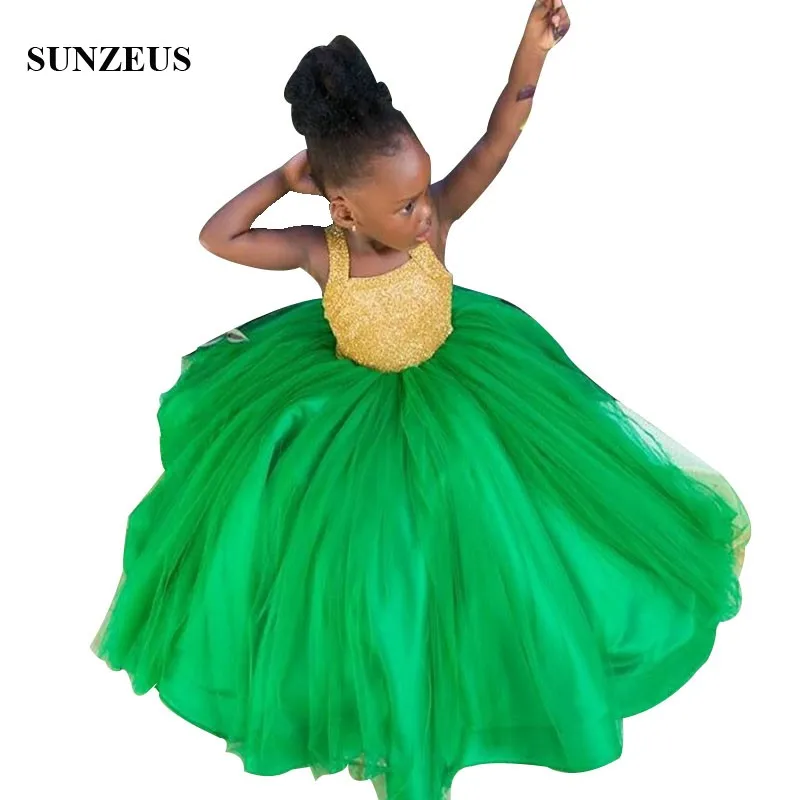 

Ball Gown Emerald Green Flower Girl Dress With Gold Beaded Bodice African Girls Wedding Party Dresses Kids Prom Gown FLG116