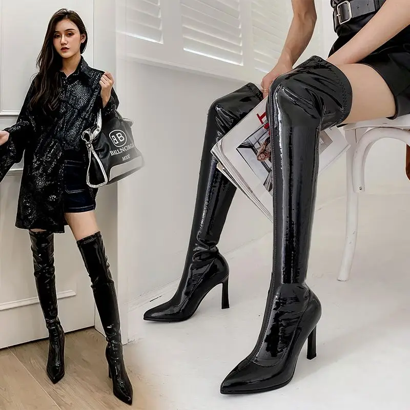 MORAZORA/Большие размеры 34-43; новые эластичные сапоги из лакированной кожи; женские Сапоги выше колена на высоком каблуке; осенне-зимние сапоги до бедра