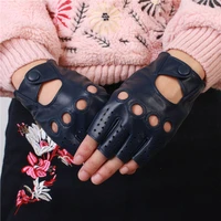 fashion half finger driving women gloves leather fingerless gloves for women 100 sheepskin gloves black brwon blue 3 colour