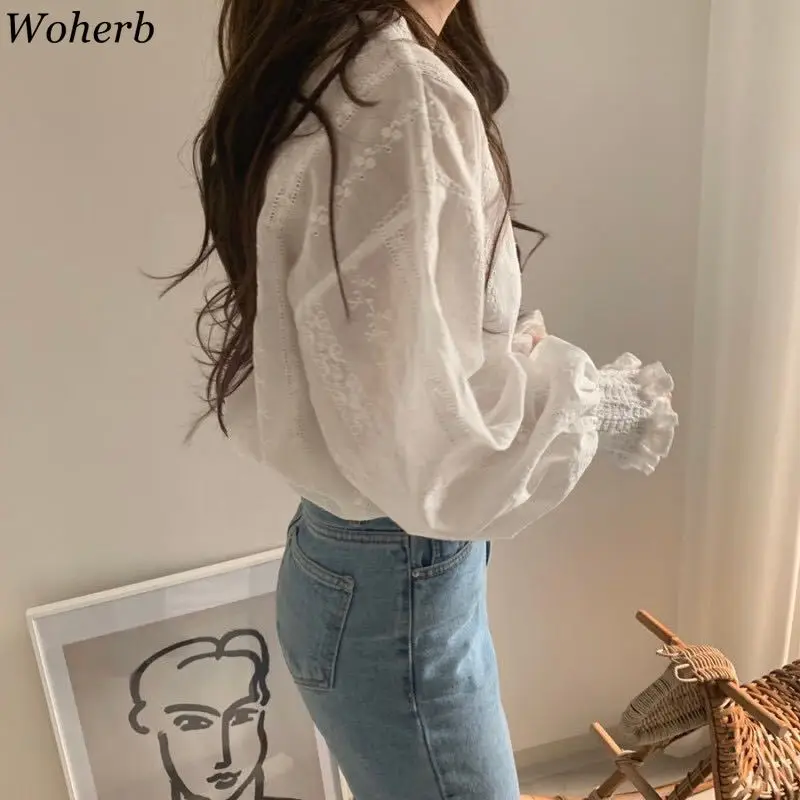 Woherb 2021 корейская модная одежда женские белые блузки и топы ажурные Цветочные