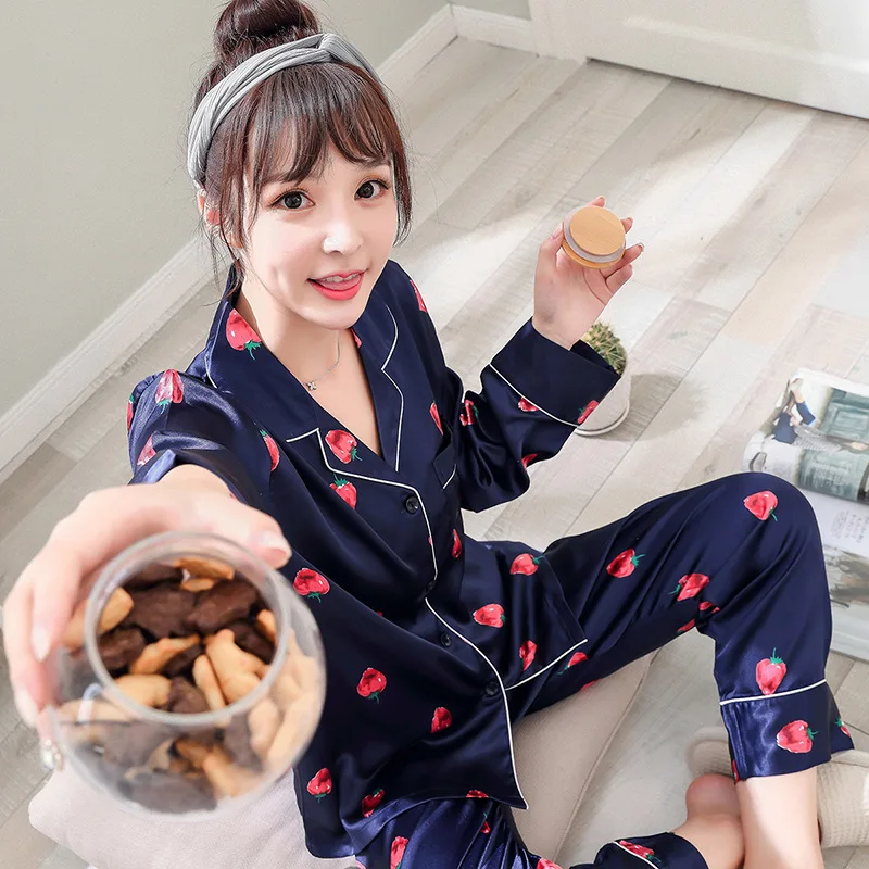

BZEL Pajamas Sets Long Sleeve Pyjamas Women Silk Satin Sleepwear Cartoon Strawberry Pijama Feminino Turn-down Collar Underwear