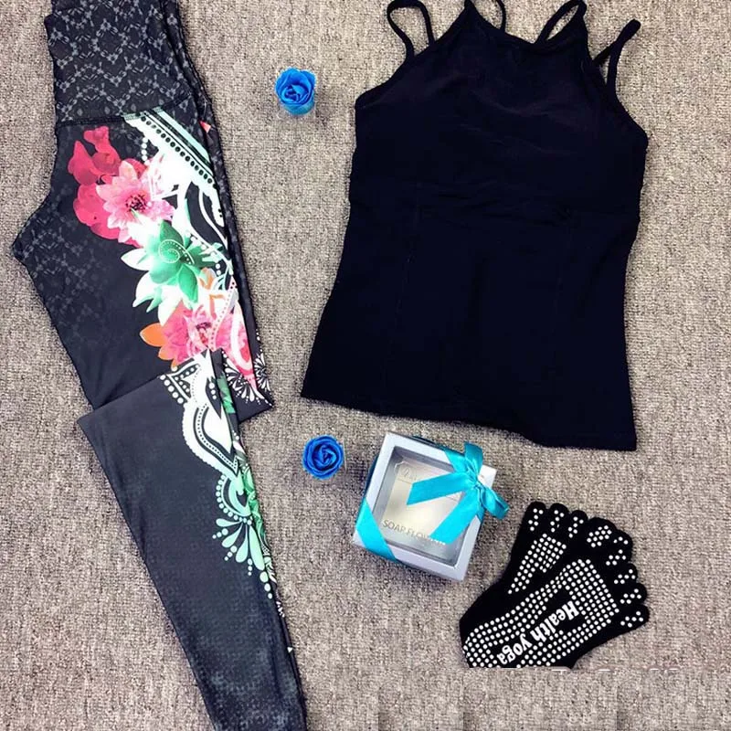 Lotus black suit Спортивный костюм в стиле ретро с цветочным принтом, одежда для фитнеса, женский спортивный костюм, женский сексуальный комплект для бега, йоги, спортивный топ, леггинсы - Цвет: Lotus black suit