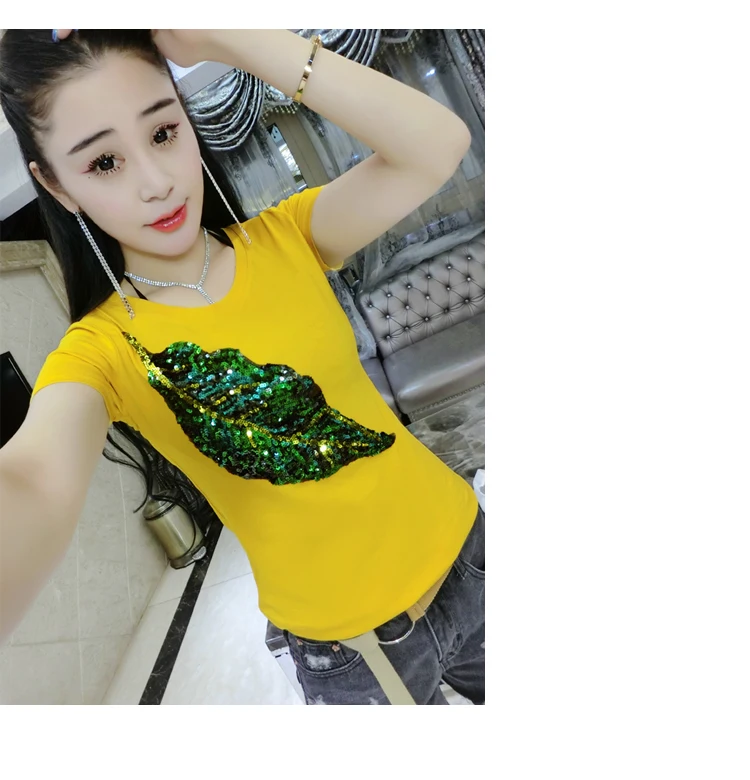 Camisetas mujer verano, летние хлопковые футболки с блестками, женские топы с коротким рукавом, женские футболки, желтые, черные, для девушек