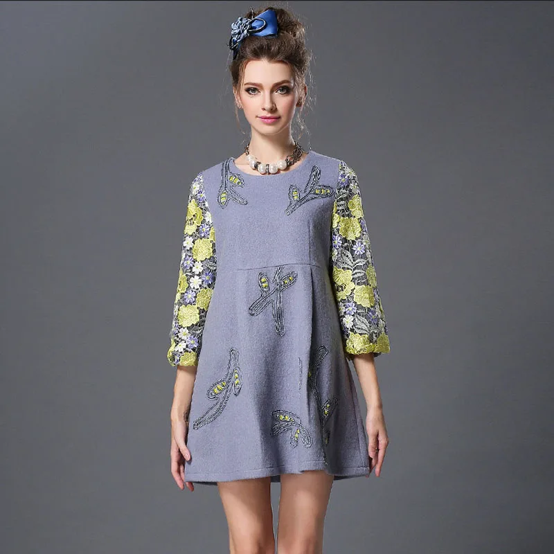 Женское шерстяное платье с вышивкой повседневное ажурное большого размера 4XL 5XL