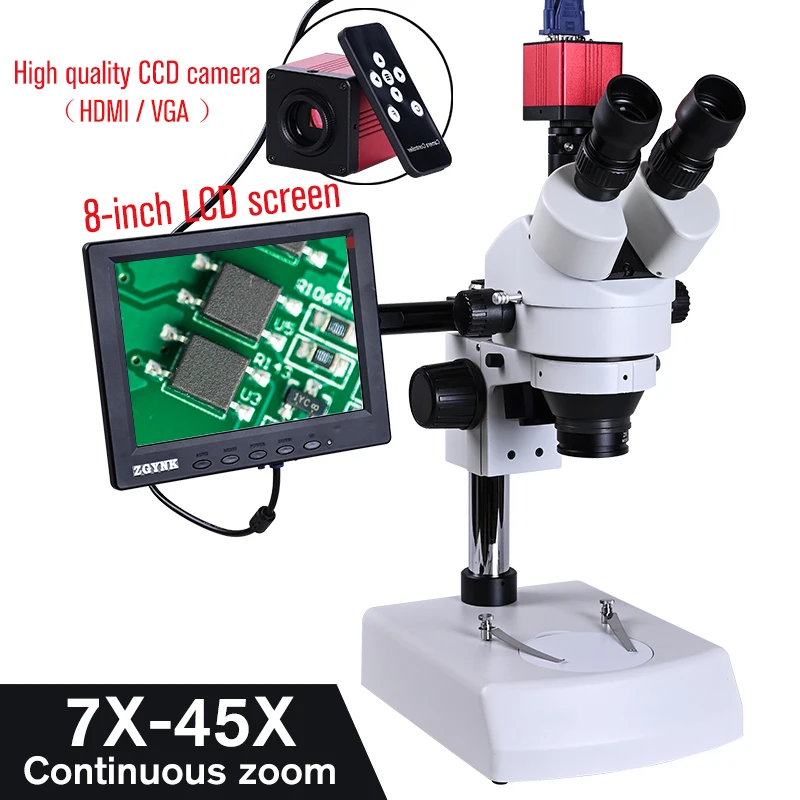 Цифровой стерео тринокулярный микроскоп 7x 45x HD с непрерывным увеличением + USB HDMI VGA