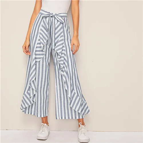 SHEIN двухцветные брюки палаццо с оборками и поясом, Boho, с высокой талией, широкие брюки, весна-лето, свободные женские брюки в полоску - Цвет: Многоцветный