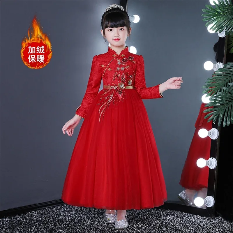 thick red Красное китайское Qipao детское платье осень-зима Cheongsam атласное цветочное вечернее платье Детская одежда для дня рождения и нового года 12 лет - Цвет: thick red