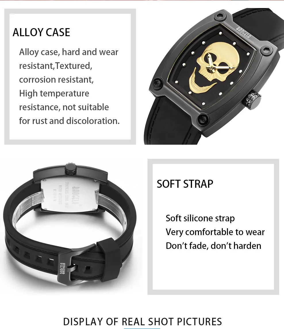 BAOGELA nouveau Спорт кварцевые squelette montres bande de Silicone грудь для люминисцентных crâne montre-браслет homme Relogios Mascu