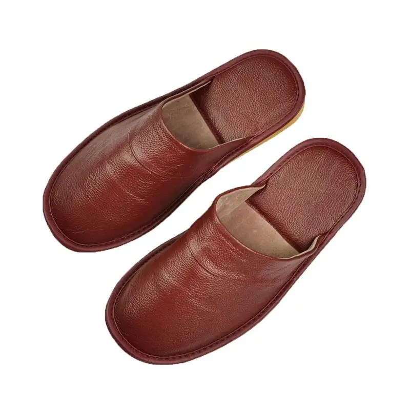 528 Burgundy Genuine Cow Leather slippers couple indoor non-slip men and women home fashion casual single shoes PVC soft soles spring autumn - Color: 528 Burgundy