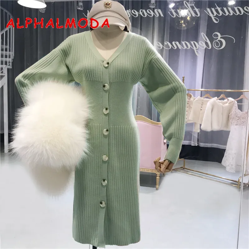 ALPHALMODA женское новое зимнее платье свитер Одноцветный однобортный с высокой