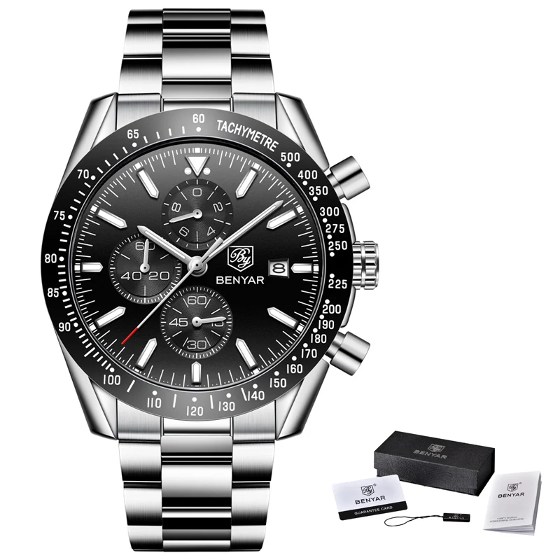 Steel Black BENYAR, мужские часы, Лидирующий бренд, роскошные, силиконовые, бизнес стиль, спортивный хронограф, кварцевые наручные часы, мужские часы, Saat - Цвет: Steel Black